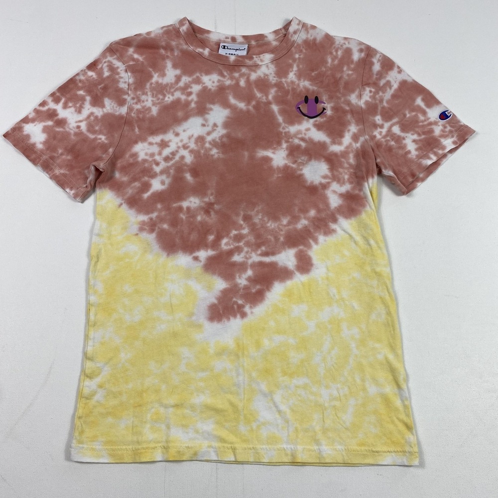 Champion Shirt Mens XS Tie‎ Dye Yellow Pink Smiley Face Graphic Logo Cotton Tee